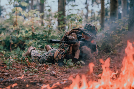 A soldier fights in a warforest area surrounded by fireの写真素材