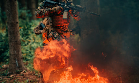 Soldier in Action at Night in the Forest Area. Night Time Military Mission jumping over fireの写真素材
