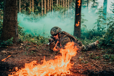 Modern warfare soldiers surrounded by fire fight in dense and dangerous forest areas