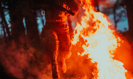 Soldier in Action at Night in the Forest Area. Night Time Military Mission jumping over fireの写真素材