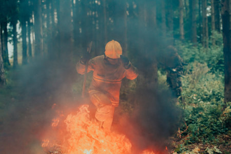 firefighter hero in action danger jumping over fire flame to rescue and saveの写真素材