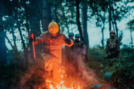 firefighter hero in action danger jumping over fire flame to rescue and saveの写真素材