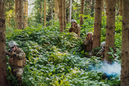 A group of modern warfare soldiers is fighting a war in dangerous remote forest areas. A group of soldiers is fighting on the enemy line with modern weapons. The concept of warfare and military conflictsの写真素材