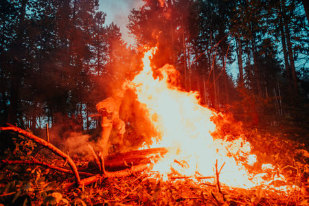firefighter hero in action danger jumping over fire flame to rescue and saveの写真素材
