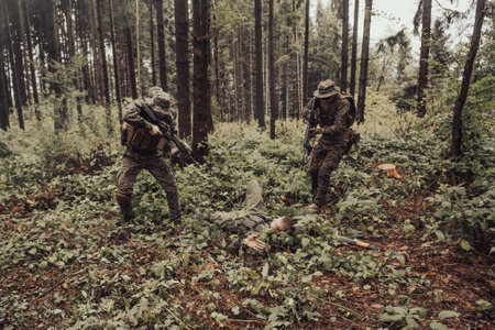 Soldiers squad was capture alive terrorist and interrogation them on them on special tactics violent wayの写真素材