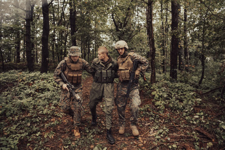 Soldiers squad was capture alive terrorist and interrogation them on them on special tactics violent wayの写真素材