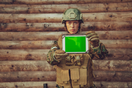 Woman soldier using tablet computer against old wooden wall in campの写真素材