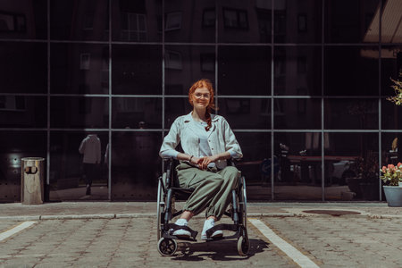 In front of a modern corporate building, a young woman sitting in a wheelchair confidently, symbolizing empowerment, inclusivity, and the strength to overcome challenges in the business worldの写真素材