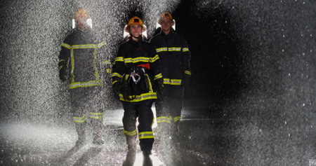 A group of professional firefighters marching through the rainy night on a rescue mission, their determined strides and fearless expressions reflecting their unwavering bravery and unwavering commitment to saving lives.の写真素材