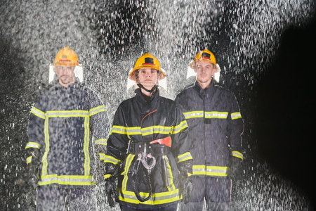 A group of professional firefighters marching through the rainy night on a rescue mission, their...