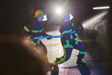 Firefighters using a water hose to eliminate a fire hazard. Team of female and male firemen in dangerous rescue mission.の写真素材