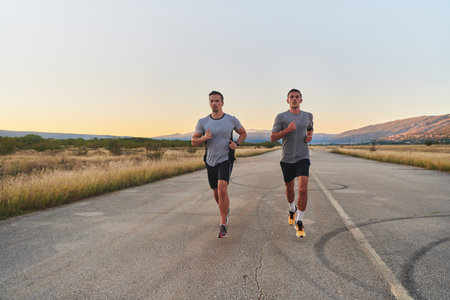 Group of handsome men running together in the early morning glow of the sunrise, embodying the essence of fitness, vitality, and the invigorating joy of embracing natures tranquility during their refreshing and energizing workout.の写真素材