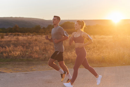 A handsome young couple running together during the early morning hours, with the mesmerizing sunrise casting a warm glow, symbolizing their shared love and vitalityの写真素材