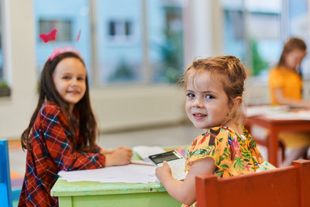 Creative kids during an art class in a daycare center or elementary school classroom drawing with female teacher.の写真素材