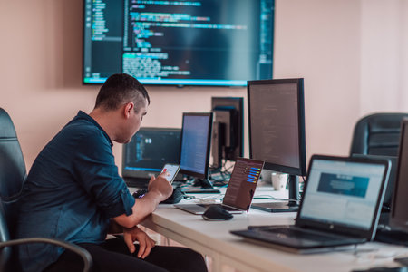 A programmer diligently testing smartphone applications while sitting in their office.の写真素材