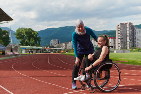A woman with disability in a wheelchair talking with friend after training on the marathon courseの写真素材