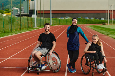 A woman with a disability in a wheelchair talking after training with a woman wearing a hijab and a man in a wheelchairの写真素材