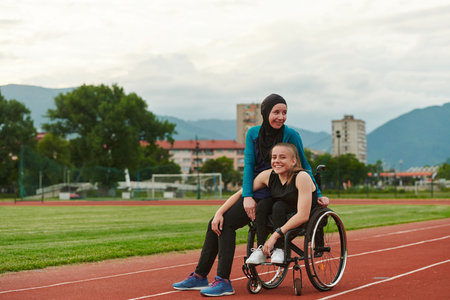 A Muslim woman wearing a burqa resting with a woman with disability after a hard training session on...