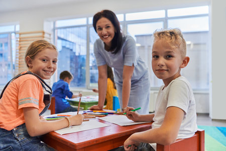 Creative kids during an art class in a daycare center or elementary school classroom drawing with female teacher.の写真素材