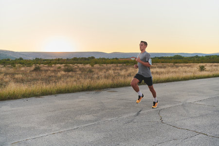 A young handsome man running in the early morning hours, driven by his commitment to health and fitnessの写真素材