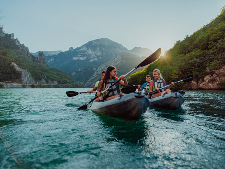 A group of friends enjoying fun and kayaking exploring the calm river, surrounding forest and large natural river canyons during an idyllic sunset.の写真素材