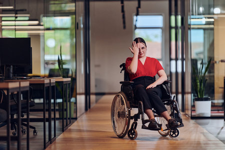 A modern young businesswoman in a wheelchair is surrounded by an inclusive workspace with glass-walled offices, embodying determination and innovation in the business worldの写真素材