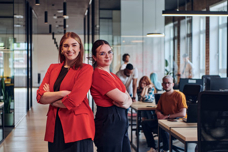 Group of determined businesswomen confidently pose side by side in a modern startup coworking...