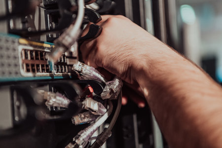 Close up of technician setting up network in server roomの写真素材