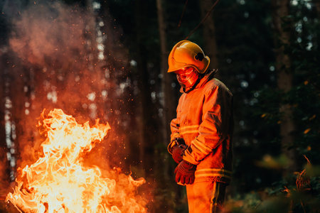 Firefighter at job. Firefighter in dangerous forest areas surrounded by strong fire. Concept of the...
