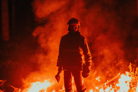 Firefighter at job. Firefighter in dangerous forest areas surrounded by strong fire. Concept of the work of the fire serviceの写真素材