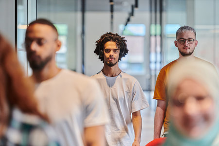 A diverse group of business people walking a corridor in the glass-enclosed office of a modern startup, including a person in a wheelchair and a woman wearing a hijab, showing a dynamic mix of innovation and unity.の写真素材