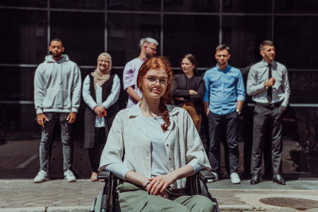 A diverse and confident group of young businessmen poses together, with businesswoman in wheelchair radiating success, ambition, and unity, capturing the essence of a dynamic and inspiring business environmentの写真素材