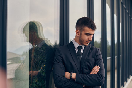 A CEO dressed in a sleek black suit stands confidently at the entrance of a modern corporate building, awaiting the start of the workday in the bustling urban environment.の写真素材