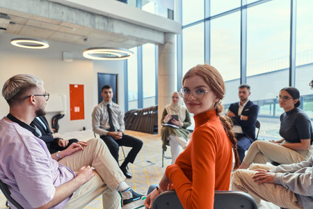 A diverse group of young business entrepreneurs gathered in a circle for a meeting, discussing...
