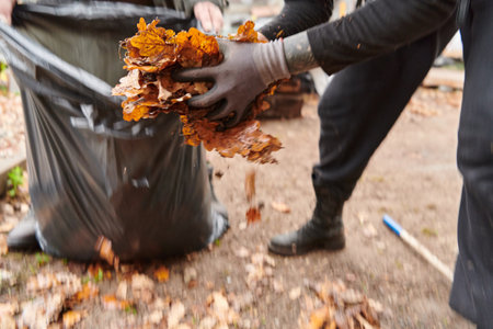 Father-daughter duo bonding in the garden as they work together to collect fallen leaves and fill up a bag on a crisp autumn day.の写真素材