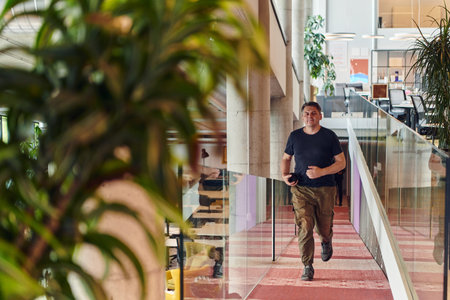 In the hustle and bustle of a modern startup office, a determined businessman sprints towards his...