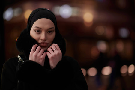 Muslim woman walking on an urban city street on a cold winter night wearing hijabの写真素材