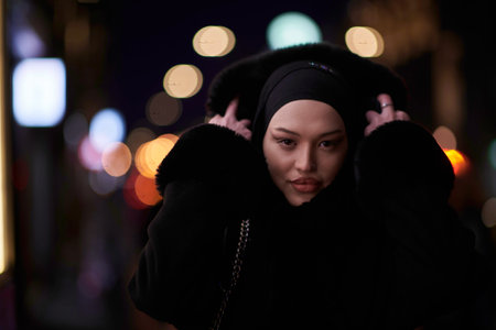 Muslim woman walking on an urban city street on a cold winter night wearing hijabの写真素材