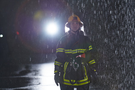 A determined female firefighter in a professional uniform striding through the dangerous, rainy night on a daring rescue mission, showcasing her unwavering bravery and commitment to saving lives.の写真素材