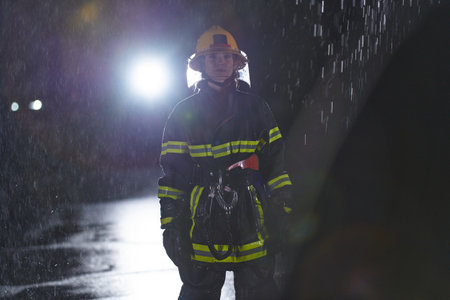 A determined female firefighter in a professional uniform striding through the dangerous, rainy night on a daring rescue mission, showcasing her unwavering bravery and commitment to saving lives.の写真素材