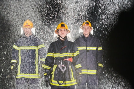 A group of professional firefighters marching through the rainy night on a rescue mission, their determined strides and fearless expressions reflecting their unwavering bravery and unwavering commitment to saving lives.の写真素材