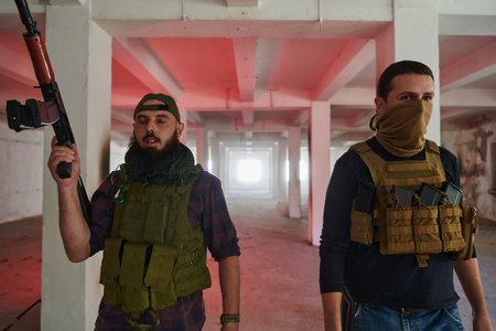 An abandoned building serves as the stronghold for a team of terrorists, fiercely guarding their occupied territory with guns and military equipmentの写真素材