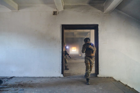 A group of professional soldiers bravely executes a dangerous rescue mission, surrounded by fire in...