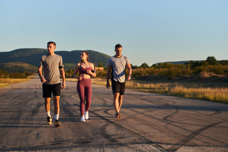 A group of young athletes running together in the early morning light of the sunrise, showcasing their collective energy, determination, and unityの写真素材