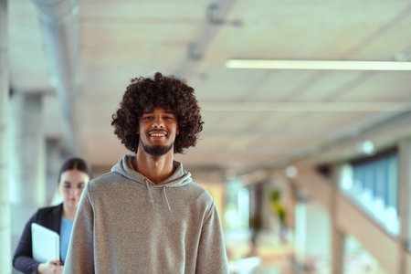 In a modern office environment, an African American young entrepreneur engages in work, while in the background, his dedicated colleagues exemplify teamwork and collaboration, encapsulating the essence of contemporary corporate successの写真素材