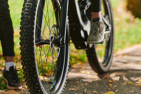 A sports bicycle races through the park, its components in focused motion spinning wheels, agile...