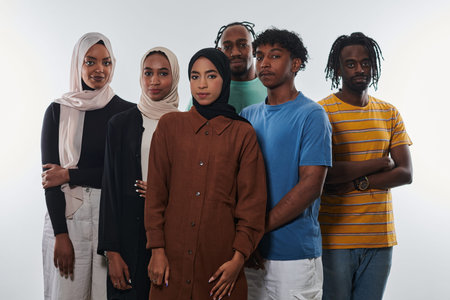 In a vibrant display of educational diversity, a group of students strikes a pose against a clean...