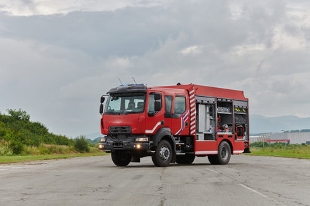 In this captivating scene, a state-of-the-art firetruck, equipped with advanced rescue technology,...