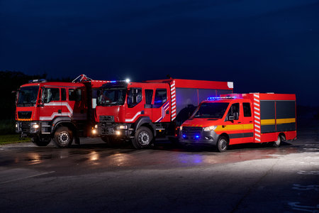 A pair of highly modern and quality fire trucks illuminate the night with their rotating lights,...