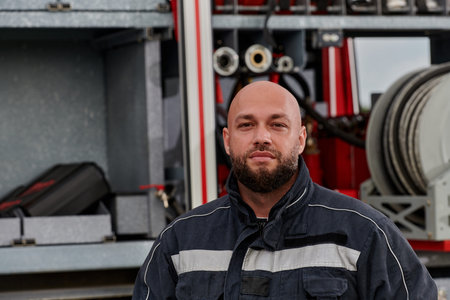 A firefighter meticulously prepares a modern firetruck for a mission to evacuate and respond to...